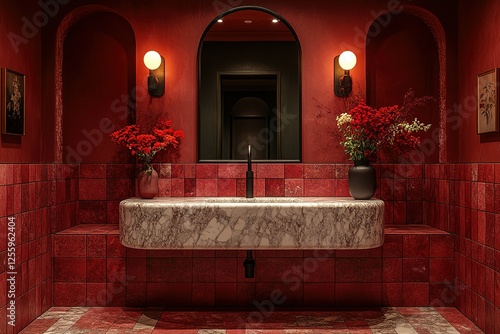 A stylish bathroom with a red tiled wall marble sink black faucet arched mirror and flower vases on either side Dramatic and modern