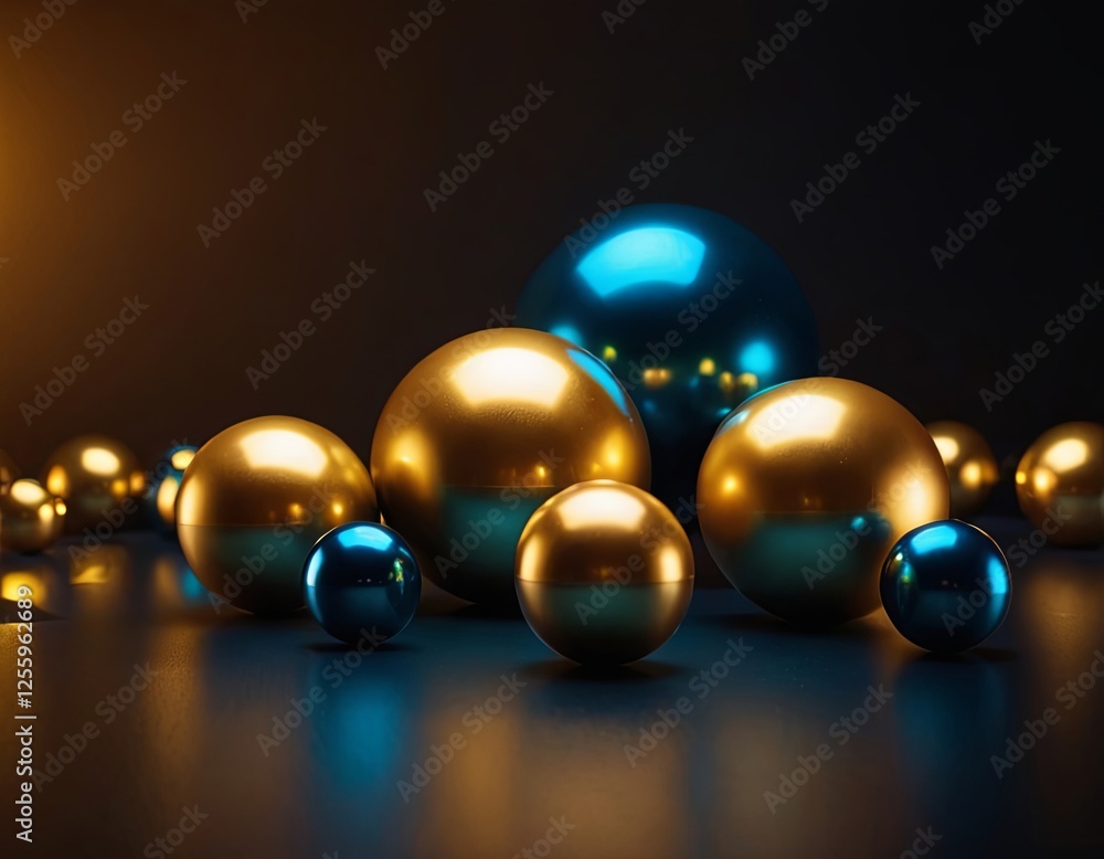 A captivating arrangement of metallic gold and blue spheres glowing against a dark background. A captivating arrangement of metallic gold and blue spheres glowing against a dark background.