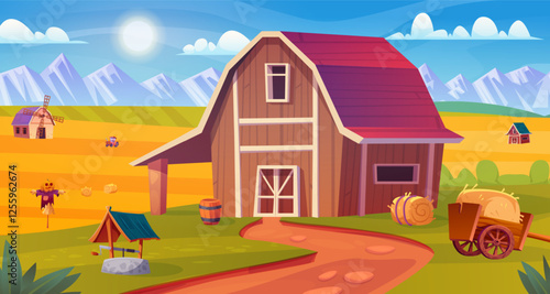 Cartoon barn landscape. Rural barns outside countryside scene, farm harvesting house farmland building with cultivated field pasture agriculture nature swanky vector illustration