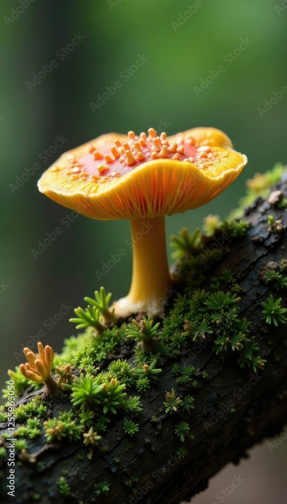 Fungal growth on decaying branch with Clitopilus prunulus, fungi, ecology Fungal growth on decaying branch with Clitopilus prunulus, fungi, ecology