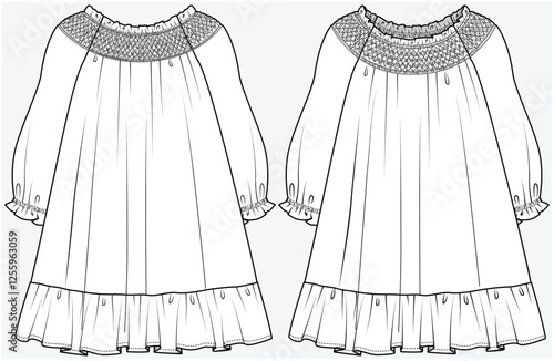 SMOCKING OFF SHOULDER TIERED DRESS WITH LONG RAGLAN SLEEVES DESIGNED FOR KID GIRLS TWEENS AND TEEN GIRLS IN VECTOR FILE	