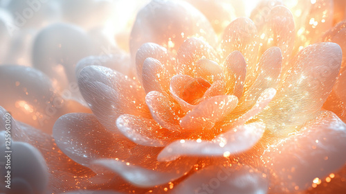 Glowing flower close-up, sparkling petals, light background, nature backdrop, for designs