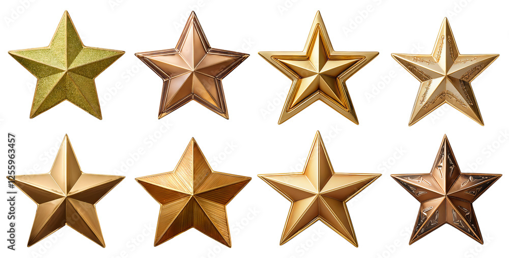 Collection of Eight Unique Three-Dimensional Star Designs, isolated on transparent background Collection of Eight Unique Three-Dimensional Star Designs, isolated on transparent background