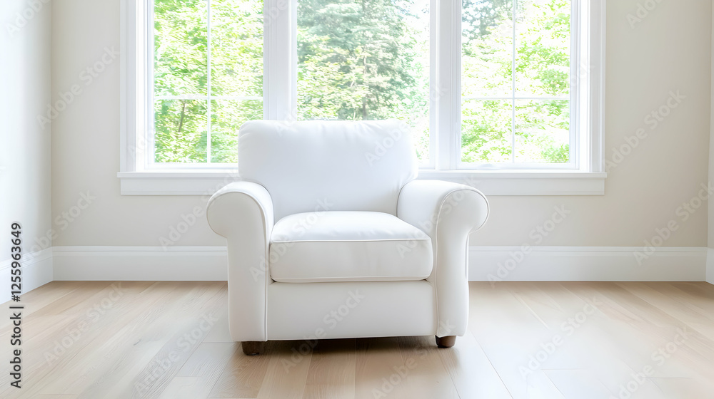 Fototapeta premium White armchair near window, bright room, hardwood floor, home interior design