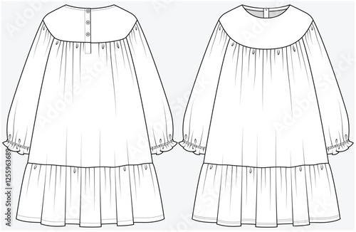 BIB CUT TIERED DRESS WITH LONG RAGLAN SLEEVES DESIGNED FOR KID GIRLS TWEENS AND TEEN GIRLS IN VECTOR FILE	