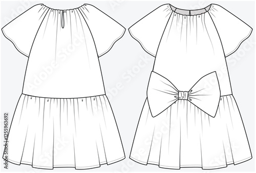 ELASTICATED NECK A LINE DRESS WITHH RAGLAN SLEEVES AND BIG BOW DETAIL DESIGNED FOR KID GIRLS TWEENS AND TEEN GIRLS IN VECTOR FILE	