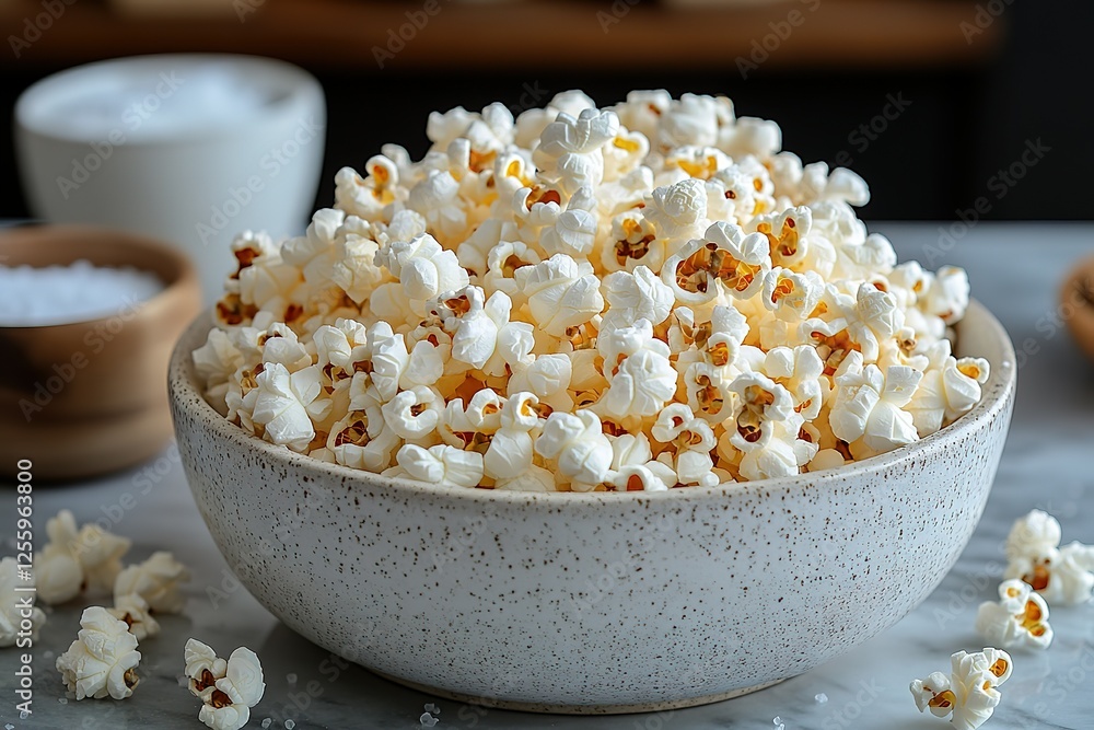 A bowl overflowing with fluffy freshly popped popcorn perfect for a movie night snack The white kernels are light and airy A bowl overflowing with fluffy freshly popped popcorn perfect for a movie night snack The white kernels are light and airy
