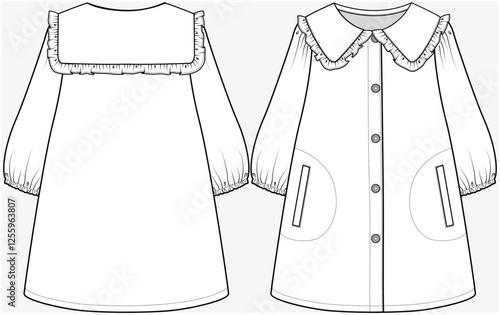 LONG SLEEVES A LINE DRESS WITH FRILL PETER PAN COLLAR AND WELT POCKETDETAIL DESIGNED FOR KID GIRLS TWEENS AND TEEN GIRLS IN VECTOR FILE	