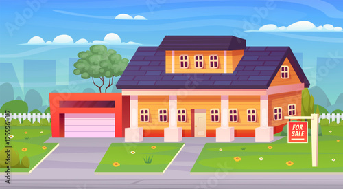 Suburban house sale. Modern american cottage signs for buy, villa residential mansion countryside residence home cartoon landscape, suburb real estate swanky vector illustration