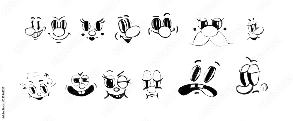 Retro 30s cartoon mascot characters funny faces. 50s, 60s old animation eyes and mouths elements. Vintage comic smile for logo png set Retro 30s cartoon mascot characters funny faces. 50s, 60s old animation eyes and mouths elements. Vintage comic smile for logo png set