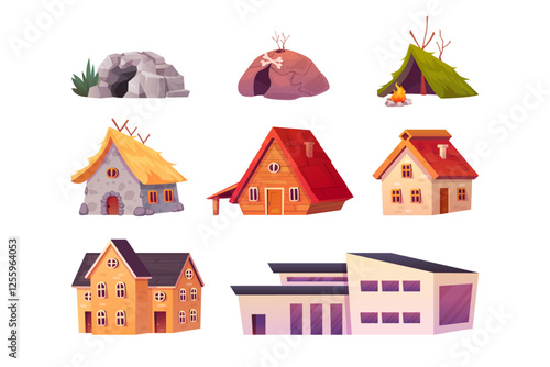 House evolution. Building architecture time progress prehistoric stone cave to modern cottage villa home historical age housing antique rural hut cartoon swanky vector illustration