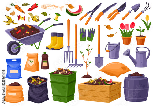 Garden composting. Organic fertilizer or food waste with soil in compost box bin and bag, garden tools wheelbarrow decomposition vegetables bio garbage, tidy vector illustration