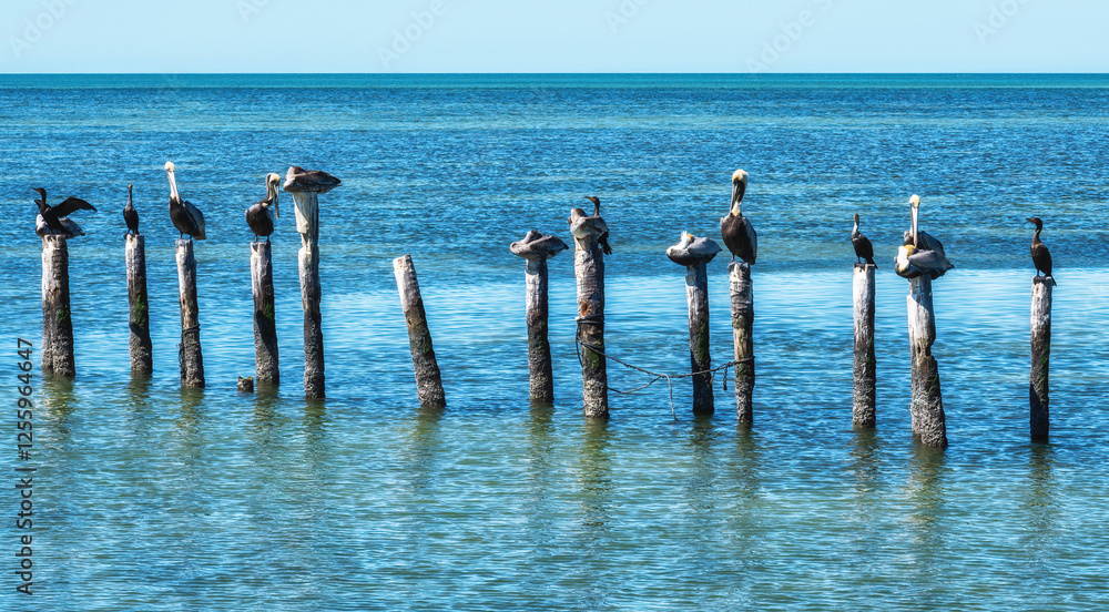 pelican and cormoran ducks share a pier. pelican and cormoran ducks share a pier.