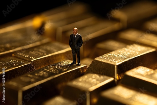 Miniature Man Standing on a Pile of Gold: Symbol of Wealth and Success photo