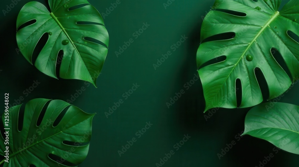 Fototapeta premium Tropical Leaf Composition Vibrant Green Foliage with Water Droplets on Dark Background