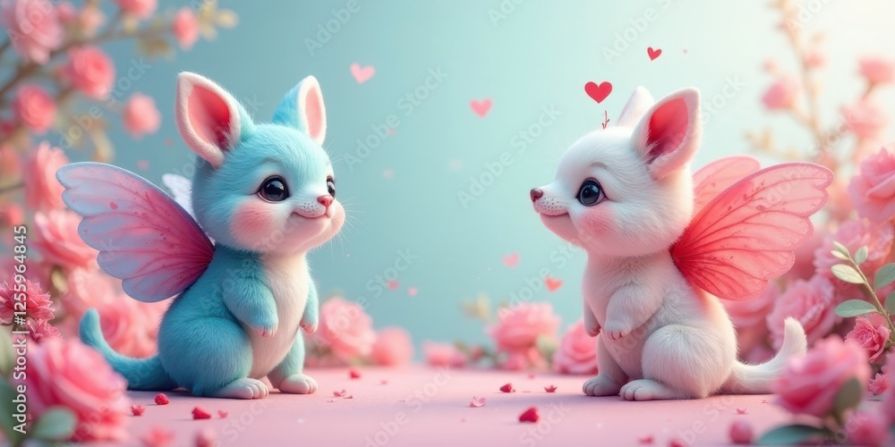 Obraz premium Adorable winged creatures, a pastel pink and blue fantasy, surrounded by blooming flowers, convey sweet affection and gentle romance.