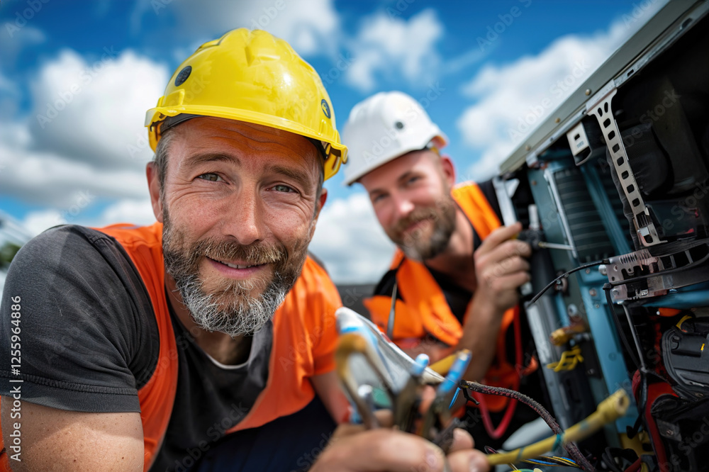 Workers in safety gear repair air conditioning unit on rooftop with clear sky backdrop visible Workers in safety gear repair air conditioning unit on rooftop with clear sky backdrop visible