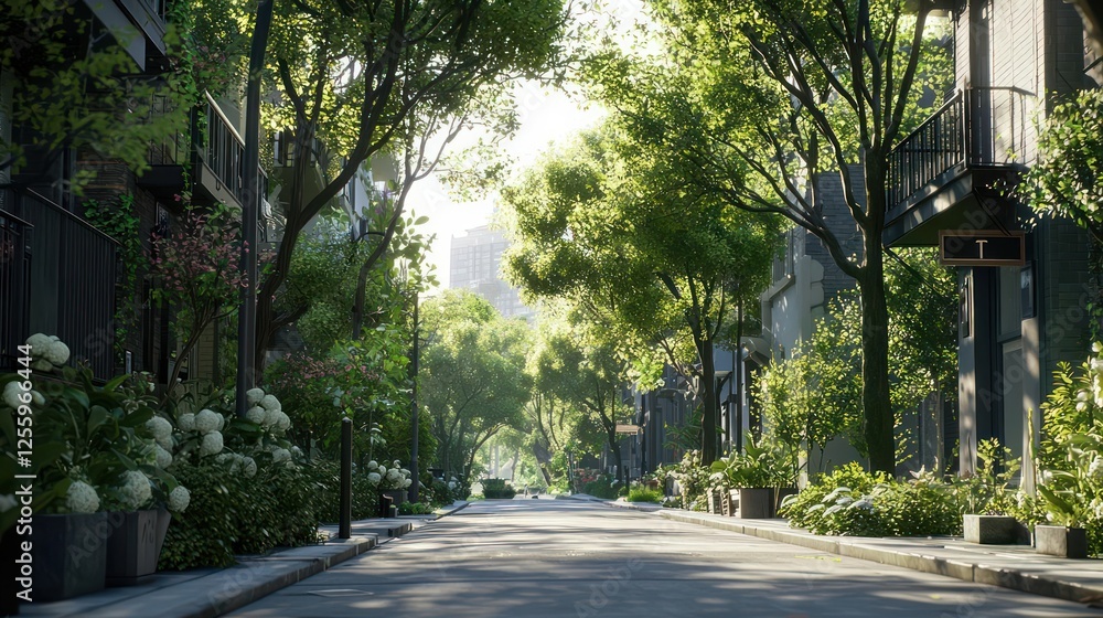 Fototapeta premium Sunny Urban Street Scene With Lush Green Trees