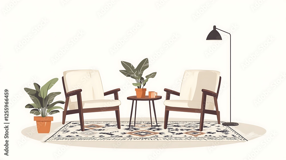 Fototapeta premium Modern living room with two armchairs and a patterned rug