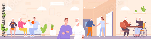 Nursing home pastime. Aged people social care house healthcare hospital clinic, nurse doctor caregiver with elderly patient activity hobby grandma on wheelchair vector illustration