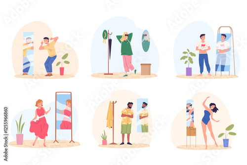 Self evaluate in mirrors. Man woman looking appearance on positive mirror reflection, self-affirmation confidence acceptance esteem proud future body egocentric vector illustration