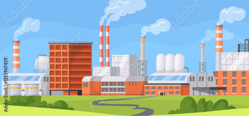 Cartoon industrial complex. Industrial factory zone, manufacturing area power plant building with chimneys smoke stack, air environment chemical pollution neat vector illustration