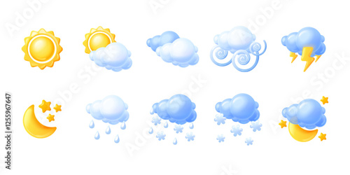 Render weather icons. Render realistic season climate forecast creative icon, sun moon rain wind storm cloud with rainy drop snow snowflake or thunder, exact vector illustration