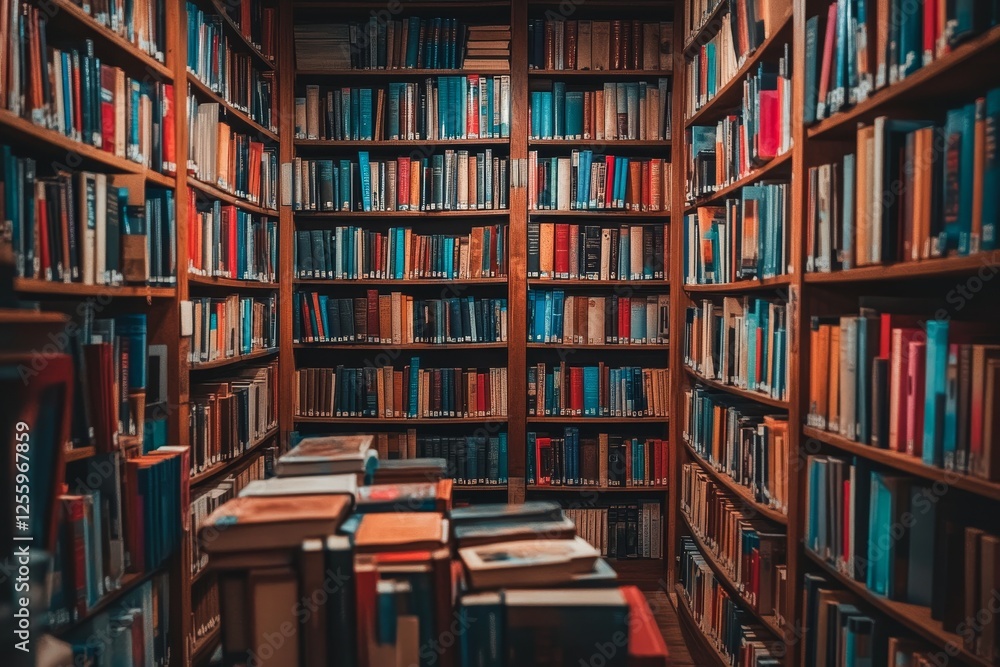 Cozy home library  a symmetrical wooden bookshelf displaying a vibrant collection of colorful books