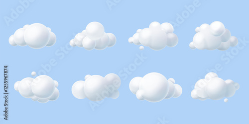 Render clouds icons. 3d cumulus cartoon fluffy dream cloud element, overcast weather cotton smoke fog bubbles above sky summer spring soft object, set exact vector illustration