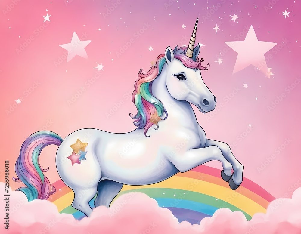 Fototapeta premium Majestic Unicorn in a Dreamy Sky with Rainbow with sparkling stars against a soft, pink fantasy sky
