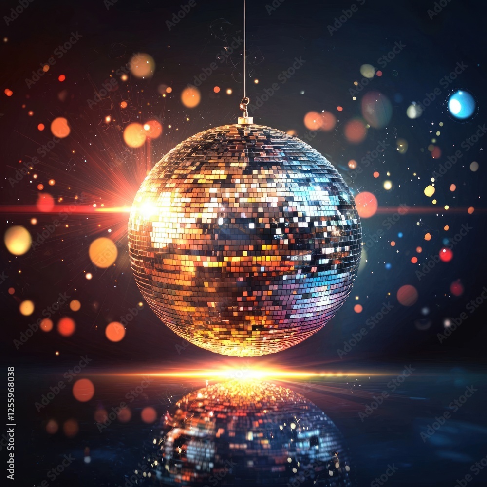 Obraz premium Shimmering disco ball reflecting lights, party ambiance, copy space