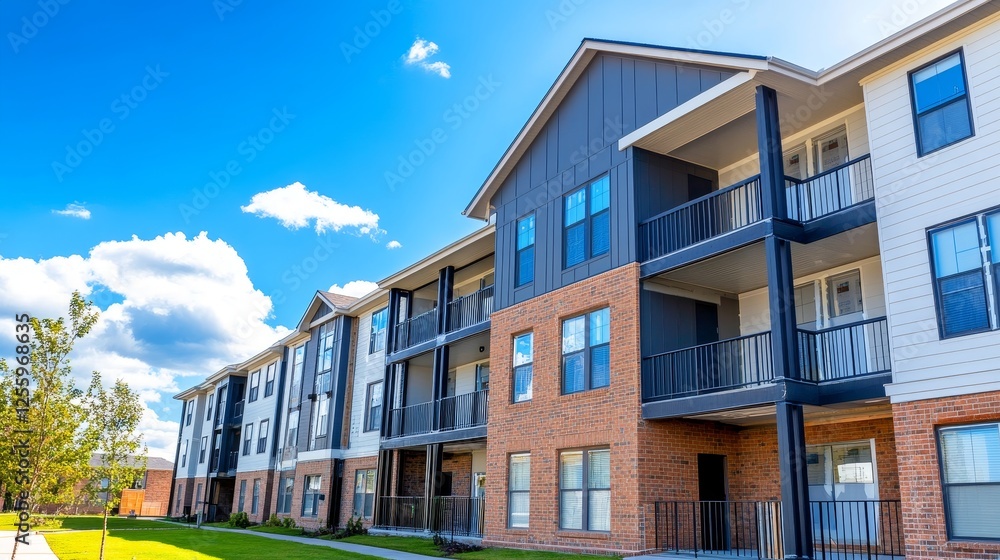 Fototapeta premium Modern apartment building with balconies under a bright blue sky, surrounded by green grass and trees