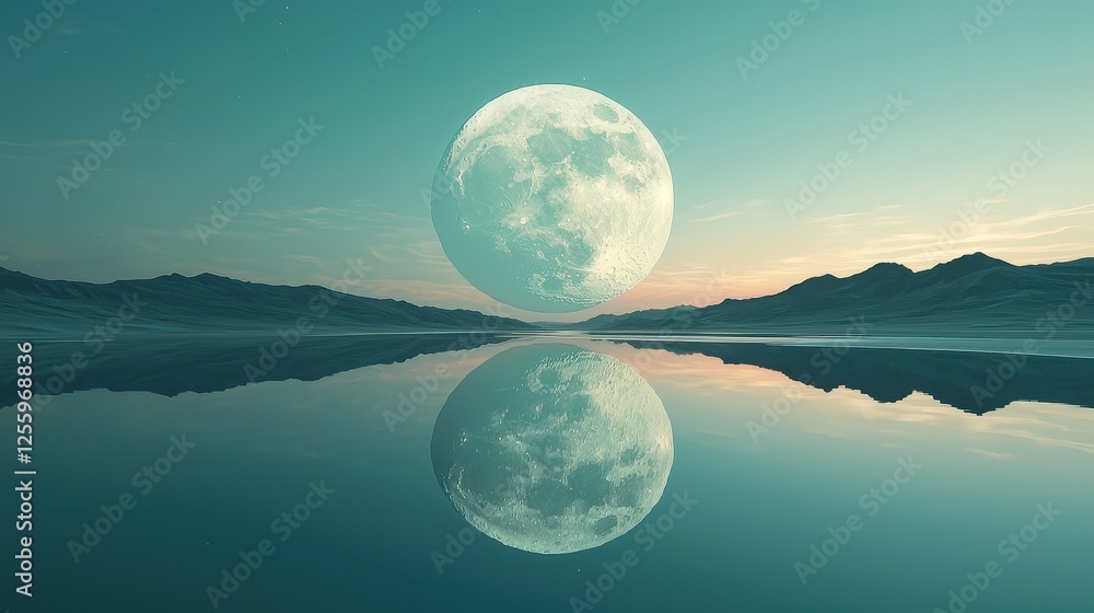 Cosmic Minimalist Surreal Scenery,Moonlit Reflection Serene Lake Landscape Tranquil Evening Nature View