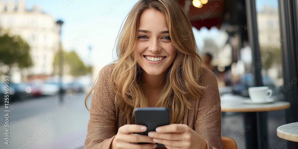 Fototapeta premium Smiling woman using smartphone at outdoor cafe in city