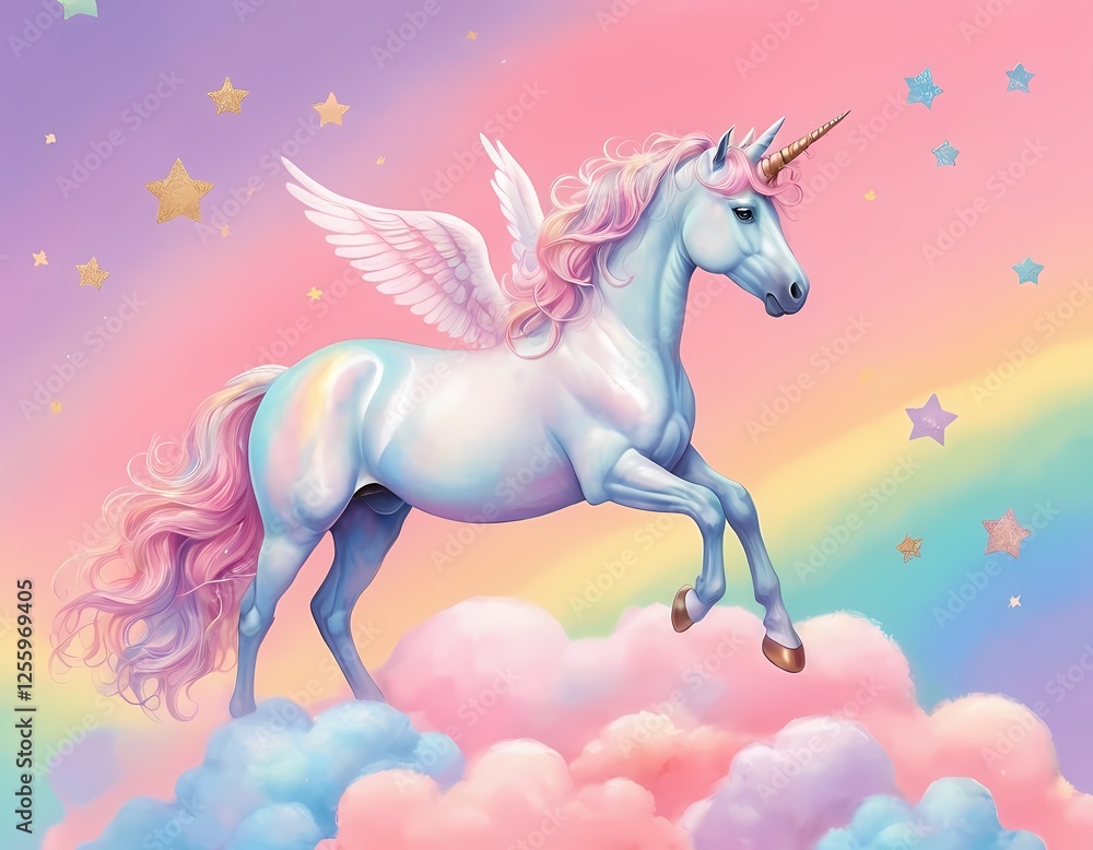 Fototapeta premium Majestic Unicorn in a Dreamy Sky with Rainbow with sparkling stars against a soft, pink fantasy sky