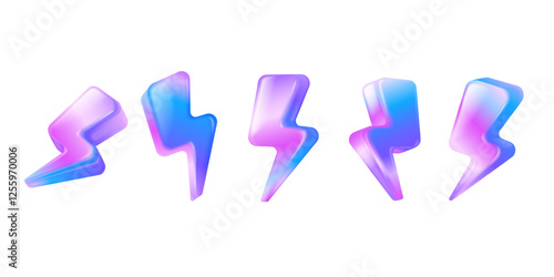 3d hologram thunder. Holographic neon thunders flash lighting icons, y2k design thunderbolt battery energy speed storm symbol electricity danger power, exact vector illustration