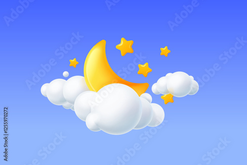 3d crescent cloud. Yellow childish moon stars cloud, baby happy sleep night long dreams lullaby zzz midnight time sleeping kid concept dream background, exact vector illustration