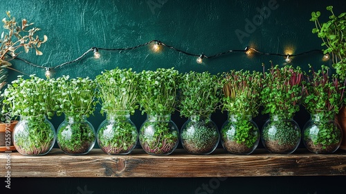 Vibrant row of fresh microgreens in glass jars on rustic wooden shelf photo