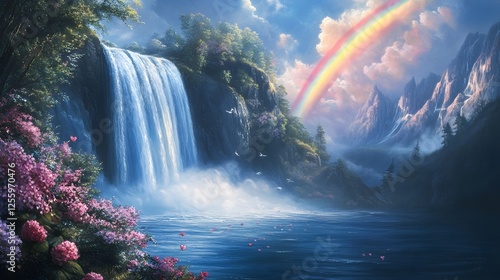 Serene waterfall cascading into tranquil pool, lush greenery surrounding, peaceful nature scene ideal for relaxation themes.