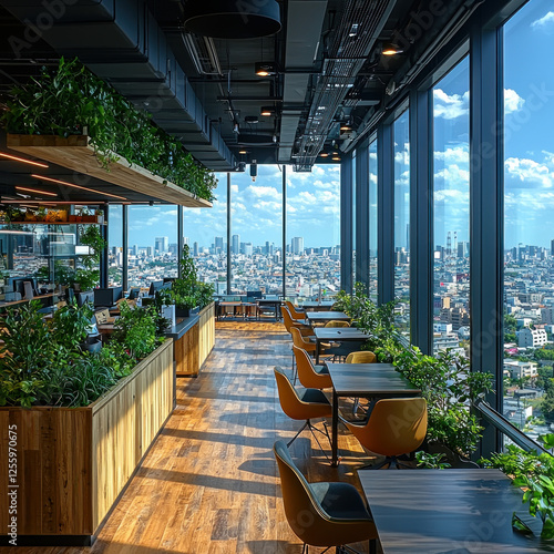 Modern office cafeteria with city view, biophilic design, workspace