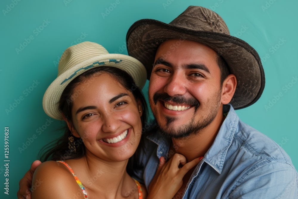 Portrait of a grinning latino couple in their 20s donning a classic fedora in front of solid color backdrop Portrait of a grinning latino couple in their 20s donning a classic fedora in front of solid color backdrop