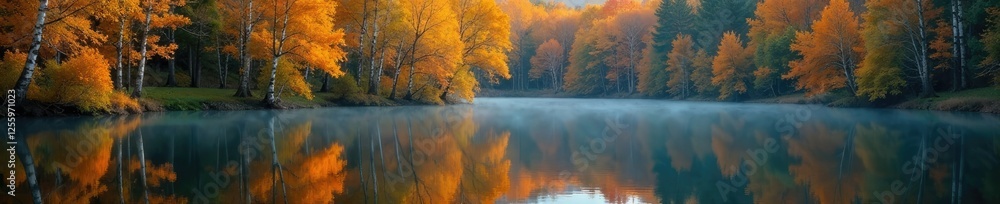 Reflections of birch tree in calm lake surface during autumn, landscape, forest Reflections of birch tree in calm lake surface during autumn, landscape, forest