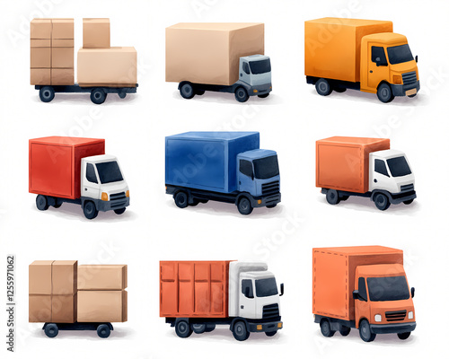 A vibrant illustration showcasing various delivery trucks transporting goods in an urban setting.