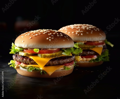 Two classic fast food burgers sit side by side, featuring juicy beef patties, melted cheese, lettuce, tomato, pickles, and special sauce on sesame seed buns in a casual setting. Generative AI photo