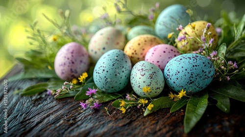 Pastel Easter eggs and spring flowers on rustic wood