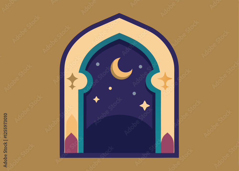 Ramadan Mubarak, Elegant Islamic Arch Frame Design with Crescent Moon, Perfect for Festive Greetings Ramadan Mubarak, Elegant Islamic Arch Frame Design with Crescent Moon, Perfect for Festive Greetings