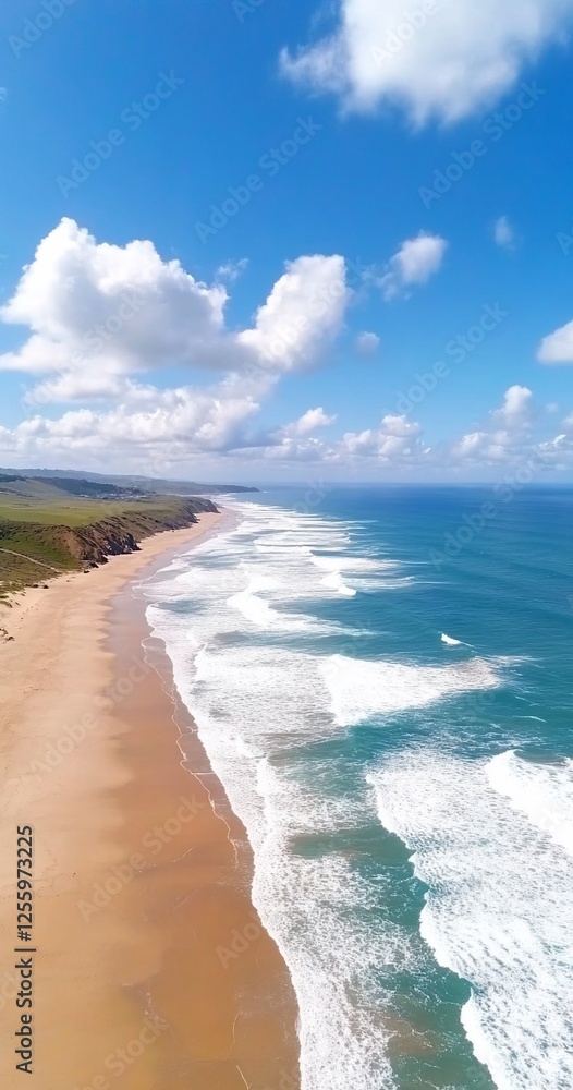 Coastal aerial view sandy beach, ocean waves, blue sky. Travel, landscape photography. Coastal aerial view sandy beach, ocean waves, blue sky. Travel, landscape photography.