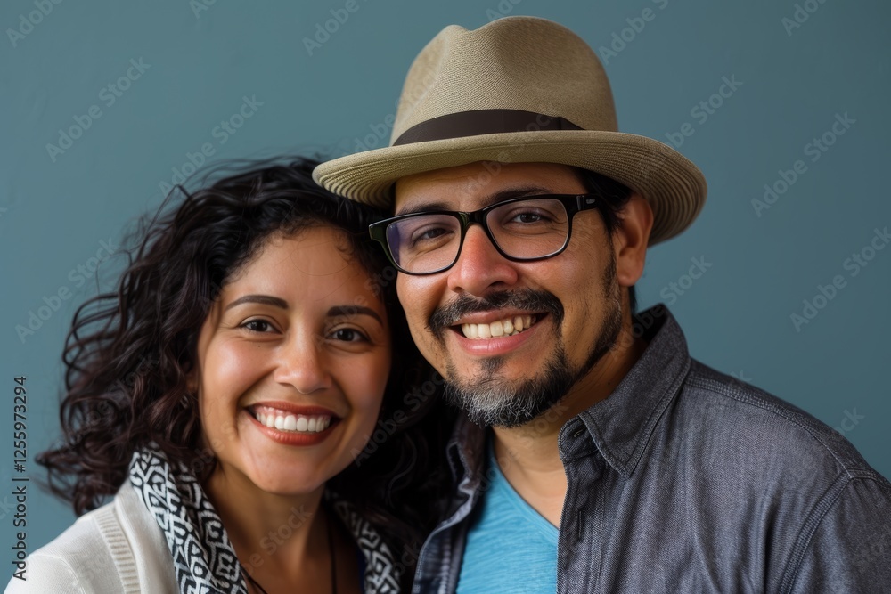 Portrait of a grinning latino couple in their 20s donning a classic fedora while standing against solid color backdrop Portrait of a grinning latino couple in their 20s donning a classic fedora while standing against solid color backdrop