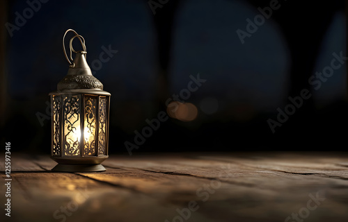 Ramadan Kareem greeting. Islamic crescent moon and lantern. End of fasting. ramadan decorations, Eid al-Fitr. Breaking of holy fast day. Muslim holiday. Arab night sky. photo