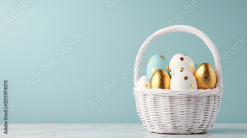 Easter Eggs in White Basket, Gold & Blue photo